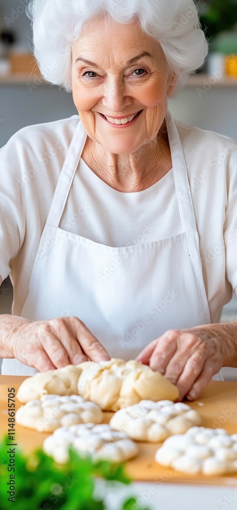 Joyful Elderly Woman Baking Fresh Bread