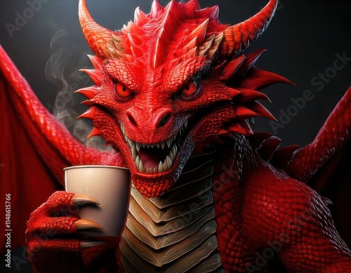 A bold red dragon with fierce yet playful features clutches a steaming coffee mug, merging elements of fantasy and humor. photo