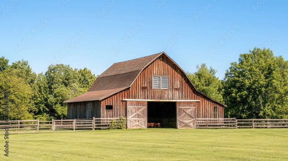 Rustic wooden barn with open doors, set against a backdrop of lush green fields and trees under a clear blue sky.