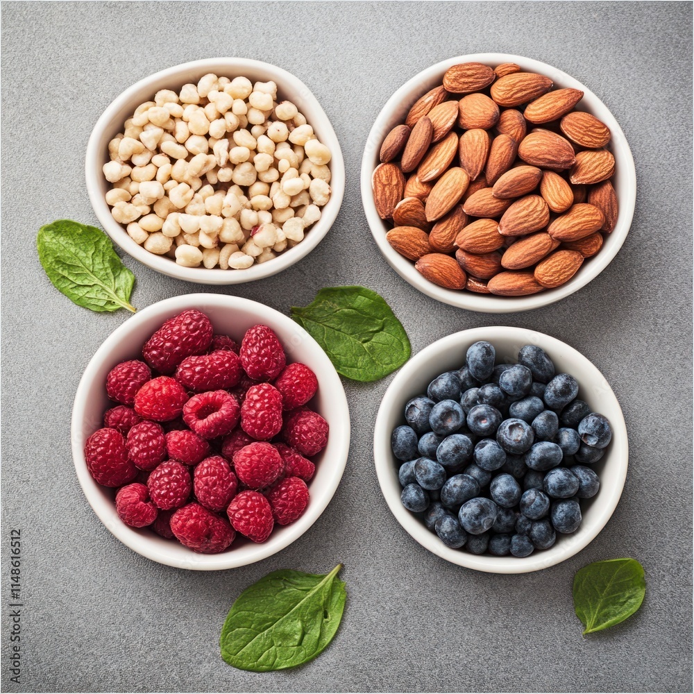 Fresh Berries, Almonds, and Grains in Bowls on Gray Background with Green Spinach Leaves, Perfect for Healthy Eating and Nutrition Themes