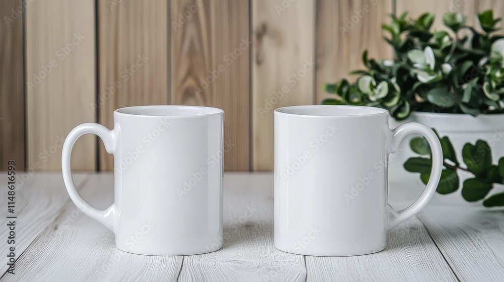Blank White Coffee Mugs on Wooden Table with Potted Plant in Soft Natural Light Blank White Coffee Mugs on Wooden Table with Potted Plant in Soft Natural Light