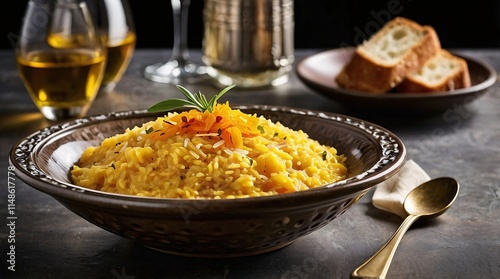 Delightful creamy golden risotto alla Milanese served elegantly with a touch of saffron and garnished for a luxurious dining experience
