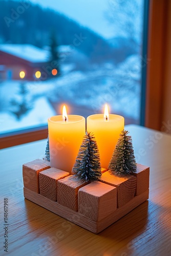 Cozy Winter Candlescape: Two Burning Candles with Miniature Pine Trees on Wooden Base photo