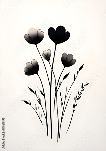 a minimalist and elegant botanical illustration. The artwork is done in monochrome, with various types of wildflowers and grasses sketched in black against a clean, photo