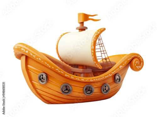 Cartoon Style Pirate Ship with Colorful Sails on Transparent Background