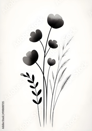 a minimalist and elegant botanical illustration. The artwork is done in monochrome, with various types of wildflowers and grasses sketched in black against a clean, photo