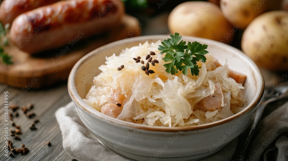 Sauerkraut with sausages in bowl on wooden table, closeup Sauerkraut with sausages in bowl on wooden table, closeup