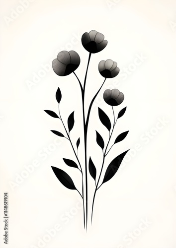 a minimalist and elegant botanical illustration. The artwork is done in monochrome, with various types of wildflowers and grasses sketched in black against a clean, photo