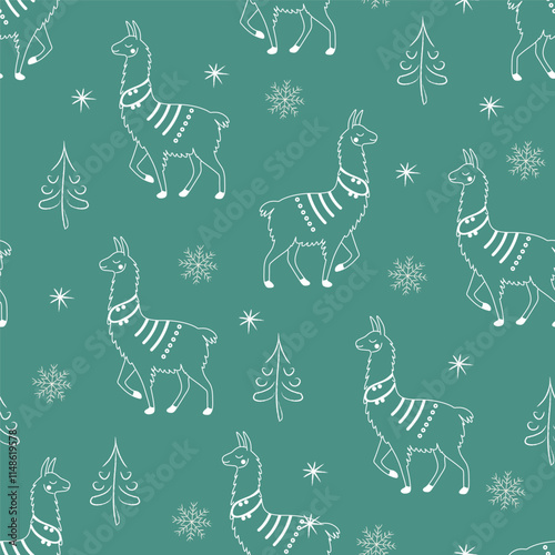 alpaca christmas on background with fir trees seamless pattern