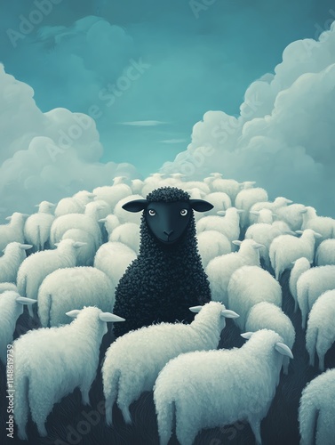 A black sheep stands out amidst a flock of white sheep under a cloudy sky, symbolizing individuality and uniqueness. photo