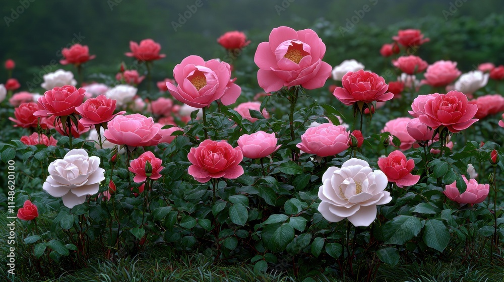 Lush Garden of Pink and White Roses in a Serene Outdoor Landscape Setting Lush Garden of Pink and White Roses in a Serene Outdoor Landscape Setting