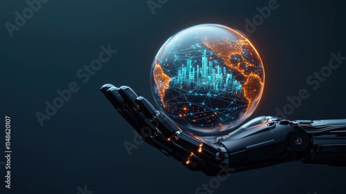 Mechanical Hand Holding a Digital Globe
