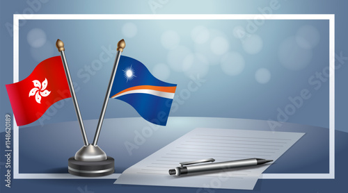 Hong Kong and Marshall Islands National flags on small table with bokeh background, cooperative relationship