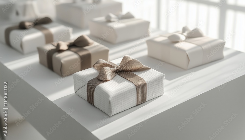 Neatly Wrapped Gift Boxes Displayed In Detailed Arrangement On A White Background: A Stunning Showcase Of Elegance And Thoughtfulness. Neatly Wrapped Gift Boxes Displayed In Detailed Arrangement On A White Background: A Stunning Showcase Of Elegance And Thoughtfulness.
