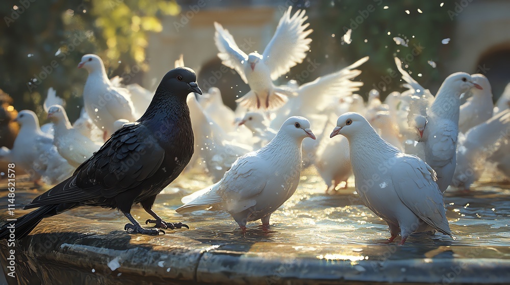 Fototapeta premium A black crow stands among a lively group of white doves splashing in a fountain under soft sunlight.