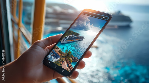 Hand holding a smartphone displaying a cruise vacation image with ships in the background