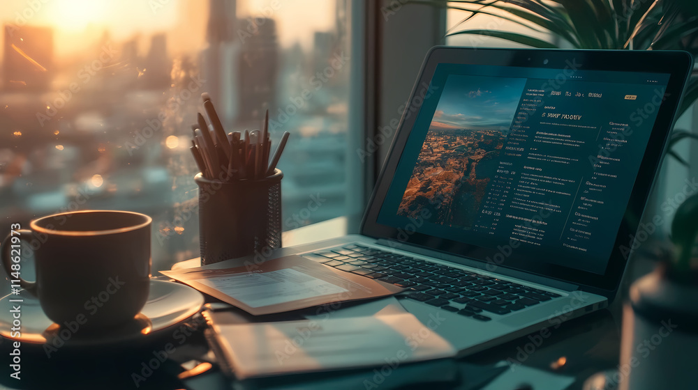 Fototapeta premium Laptop displaying cruise vacation booking website with a cup of coffee and city view at sunset