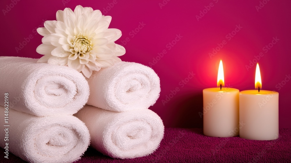 Luxurious Spa Setup with Candles and Rolled Towels on Purple Background Luxurious Spa Setup with Candles and Rolled Towels on Purple Background