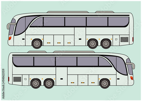 Realistic Vector Passenger Bus for mockup, brand identity design and advertising presentation. White City Bus template isolated on grey background. Side view Long Passenger bus