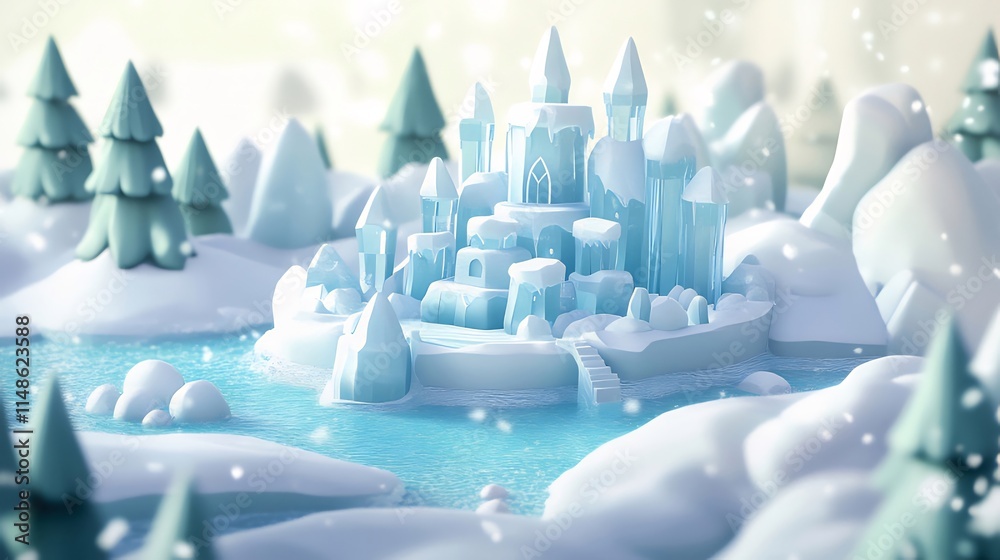 A whimsical ice castle on a frozen lake, surrounded by snow-covered hills and pine trees, with falling snow. A whimsical ice castle on a frozen lake, surrounded by snow-covered hills and pine trees, with falling snow.