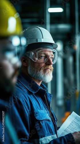 Nuclear engineer leads safety briefing for plant staff before reactor startup. Focused discussion on risk management strategies. Plant workers in safety gear listen attentively. Image shows photo