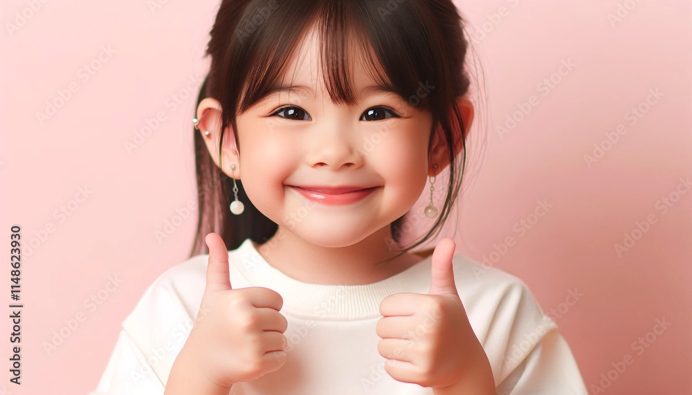 An adorable little Asian girl smiling happily. She is wearing earrings and making a thumbs-up sign with both hands. An adorable little Asian girl smiling happily. She is wearing earrings and making a thumbs-up sign with both hands.
