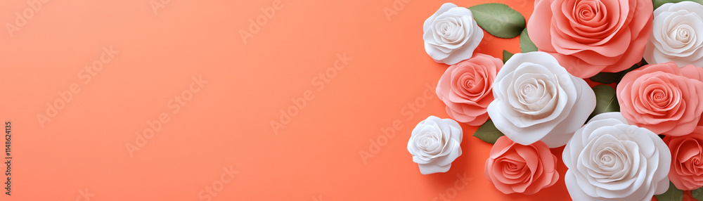 Fototapeta premium Elegant paper roses arranged gracefully on a soft, peach-colored background.