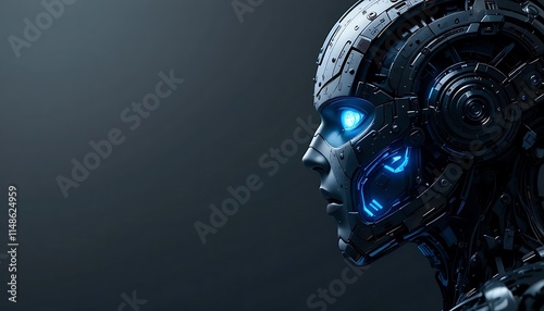 Cybernetic Robot Head Glowing Blue Eyes Dark Background Futuristic Style