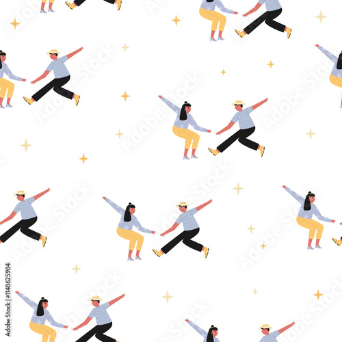 Seamless Pattern with Cheerful Swing Dancing People. Vibrant Design for Party, Wrapping Paper and Fun-Themed Projects