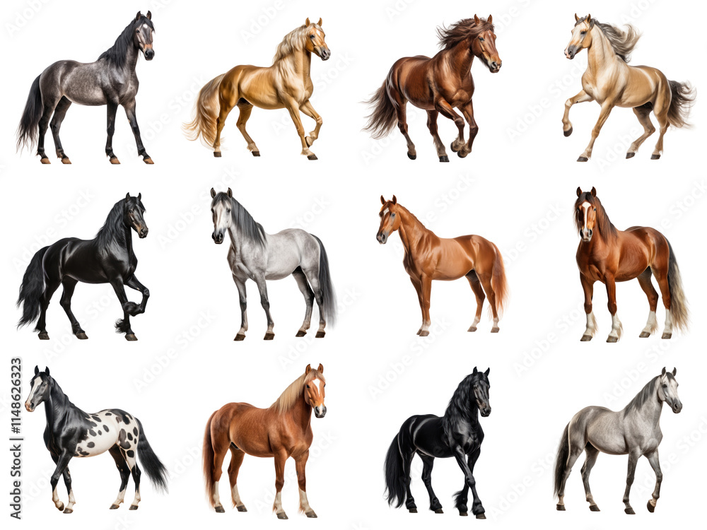 Fototapeta premium Set of horses with different coat colors isolated on white or transparent background, png clipart, design element. Easy to place on any other background.