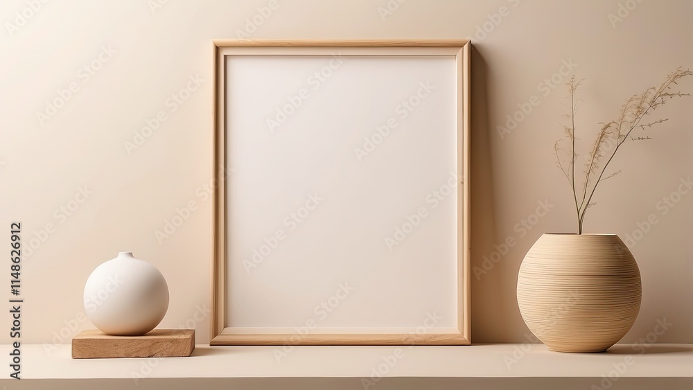 Simple wooden frame mockup against a neutral beige backdrop, clean design, and minimalist frame. Simple wooden frame mockup against a neutral beige backdrop, clean design, and minimalist frame.