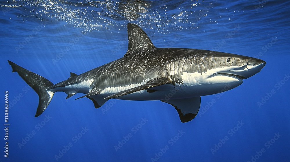 Underwater shot of a large shark swimming in blue ocean water. Underwater shot of a large shark swimming in blue ocean water.