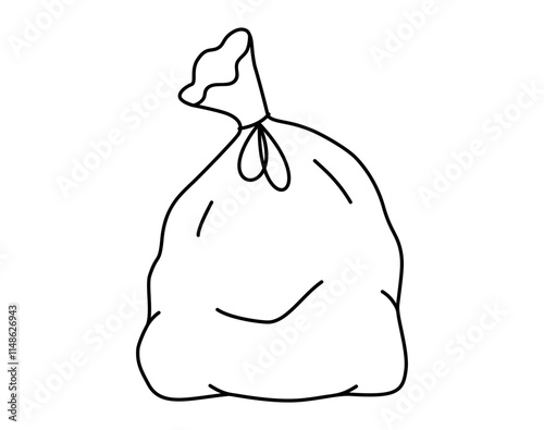 Hand drawn cute outline illustration of big garbage bag. Flat vector black plastic package with trash, environmental pollution design in line art doodle style. Waste sorting sticker, icon. Isolated.