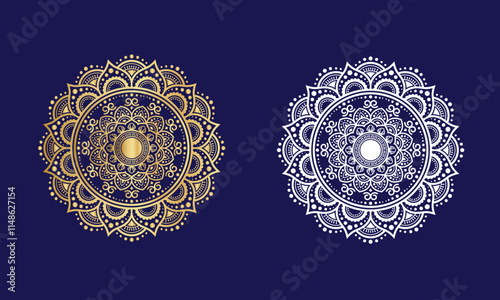 Set of round gold mandalas on blue background. Ethnic ornament for use in design.