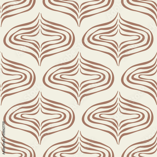 Beige and brown monochrome ogee seamless pattern. Damask geometric print mocha mouse endless background. Abstract chocolate repeat cover. Minimal modern nude continuous ornament. Vector illustration.