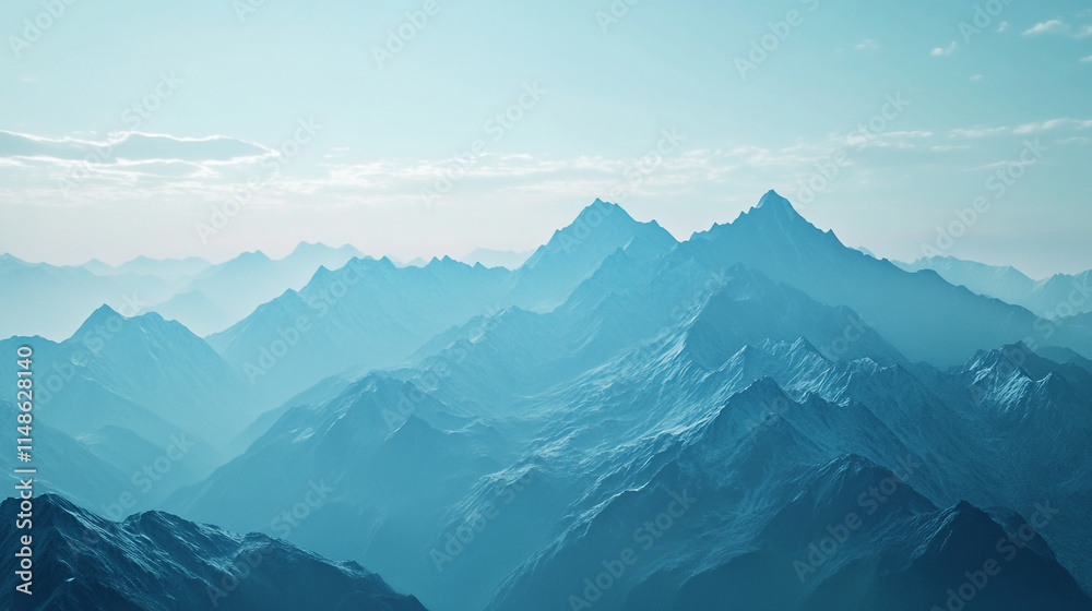 Obraz premium Majestic mountain range under a blue sky with soft white clouds in the distance.