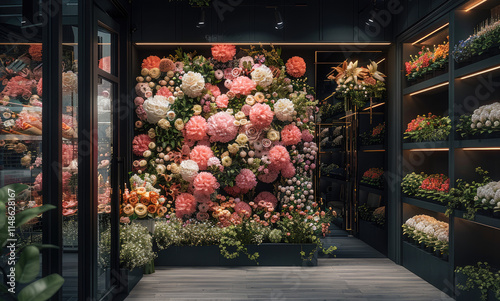 A futuristic flower store, facade covered with giant pink and white peonies, black facade and interior, inside the shop flowers bouquets. photo