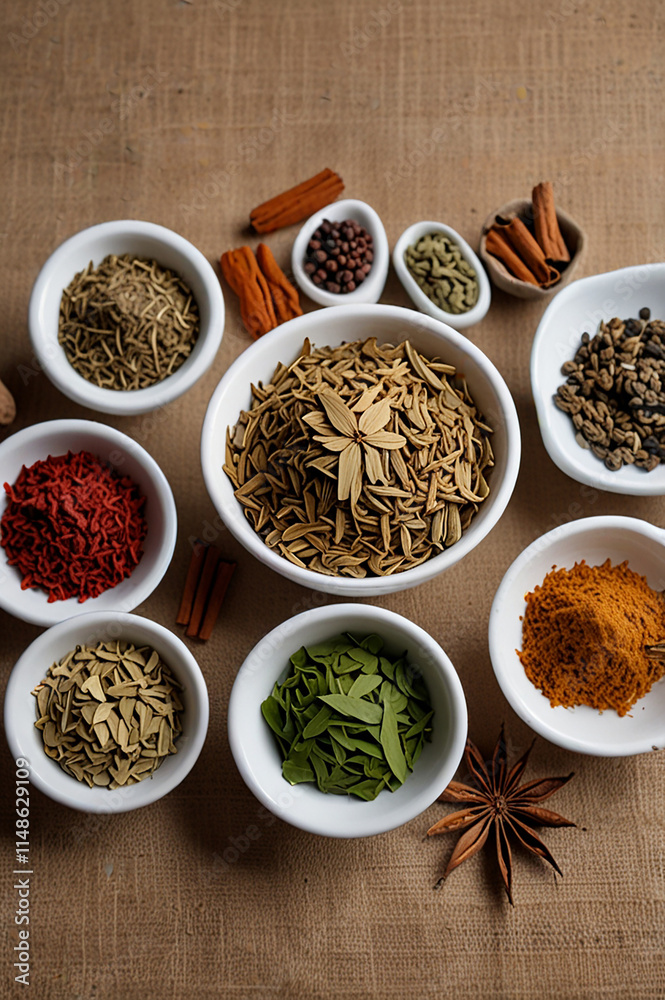 Assortment of spices and herbs in bowls. Culinary concept. Assortment of spices and herbs in bowls. Culinary concept.