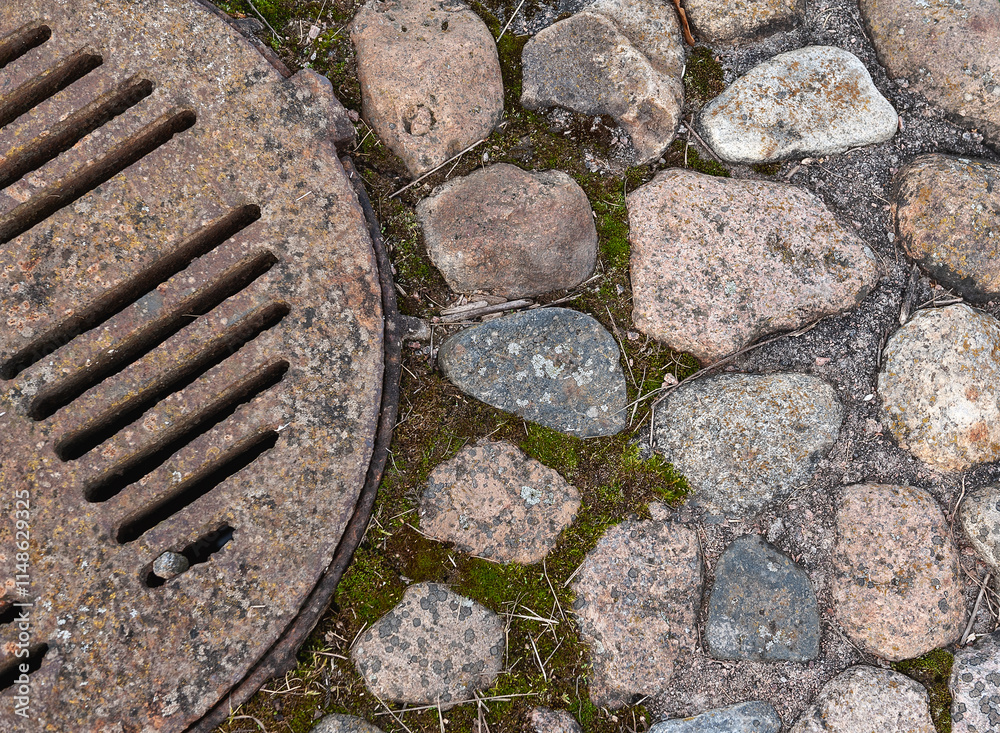 Rustic manhole cover surrounded by moss and cobblestones Rustic manhole cover surrounded by moss and cobblestones