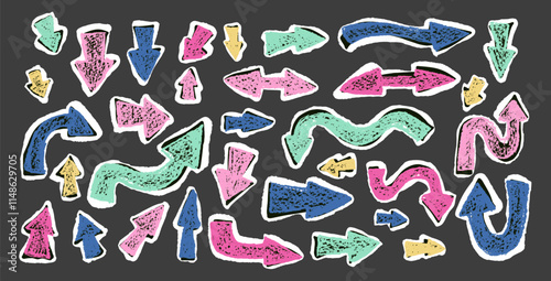 Arrow collage set crayon drawing Pointers isolated. Navigation marks. Scribble doodle paper signs. Vector hand drawn illustration.