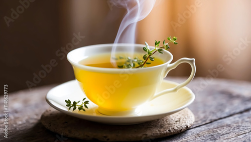 Aromatic herbal tea with thyme on wooden table