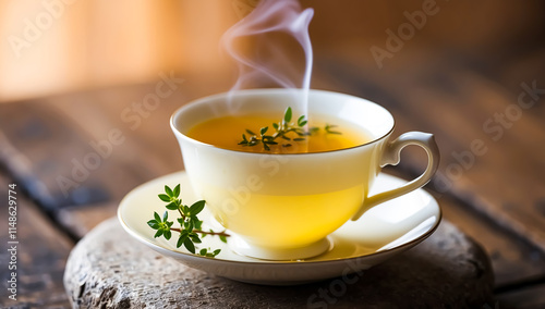 Aromatic herbal tea with thyme on wooden table