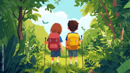 Children explore a lush forest while enjoying a summer hiking adventure near a tranquil clearing