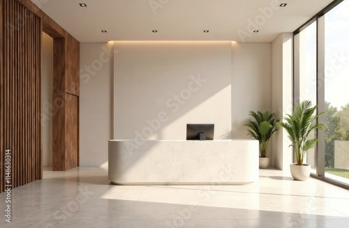 Minimalist reception interior lobby with desk and pc computer, information center. Registration and office check-in space in company or hotel lobby. Mock up empty copy space wall photo