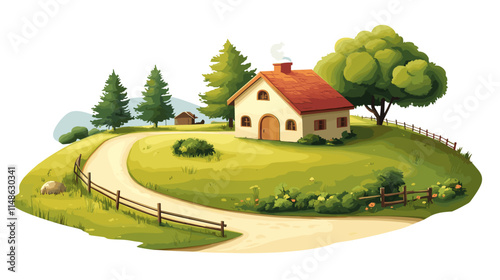 Scenic countryside landscape featuring a charming house and lush greenery in a serene environment
