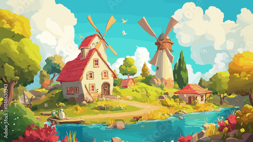 Charming countryside landscape with windmills, a river, and idyllic cottages during a bright day