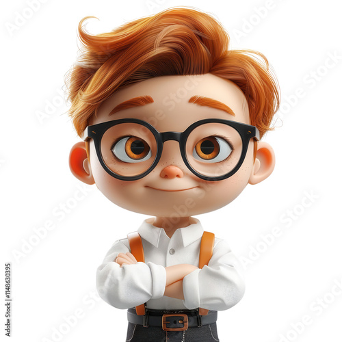 A cartoon boy with glasses and a white shirt is smiling