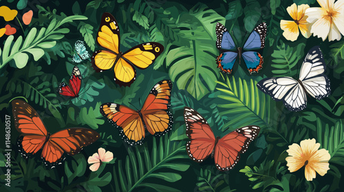 Vibrant butterflies resting among tropical leaves and flowers in a lush garden setting