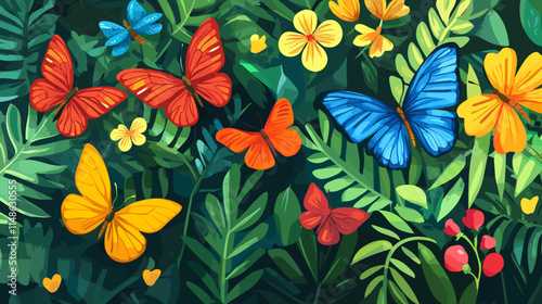 Colorful butterflies flutter among vibrant flowers in a lush garden during a sunny day