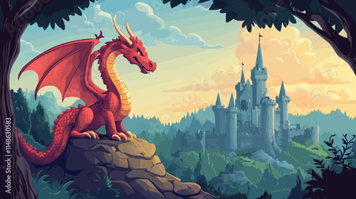 Red dragon perches on a rock overlooking a majestic castle during a vibrant sunset near a mystical forest